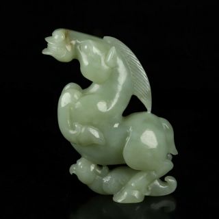 Chinese Exquisite Hand Carved Horse Bird Carving Hotan Jade Statue