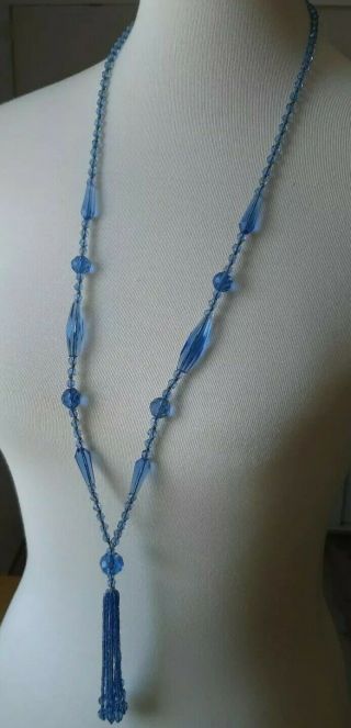 Vtg Antique 1920s Blue Faceted Glass Long Flapper Tassel Necklace Hand Knotted
