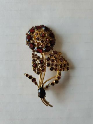 Vintage Antique Bohemian Garnet Flower Pin Brooch Goldtone Collectable Rare