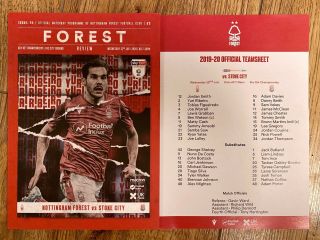 Extremely Rare Nottingham Forest V Stoke Programme & Team Sheet 22nd July 2020