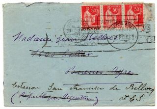 1932 France To Argentina Cover,  Rare Strip With Advertising Labels