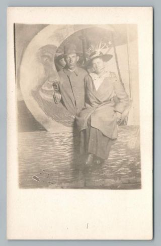 Paper Moon Couple On The Ocean Rppc Knox Pa Rare Antique Fantasy Studio Photo