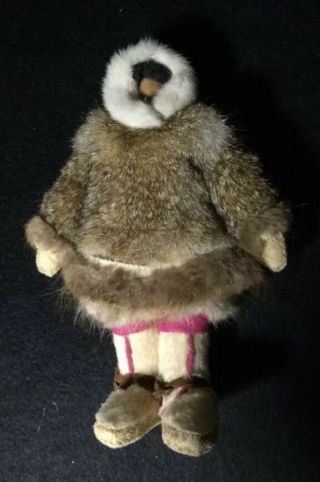 Vintage Doll Alaskan Fur & Fabric Doll Clothing Carved Wood Face 8 1/2 Inches