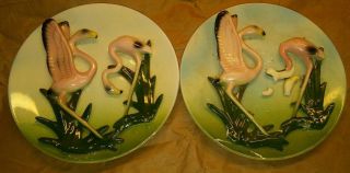 Two Rare Vtg Norcrest Flamingo Hanging Plates Fine China Made In Japan Art Deco