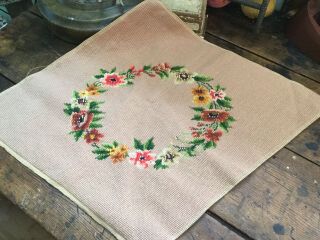Antique Vintage Wool Needlepoint Seat/chair/pillow Cover Beige W Floral Garden