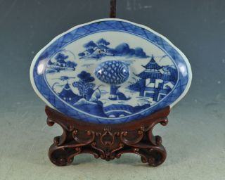 Antiqu Chinese Export Blue And White Porcelain Canton Cover For A Dish