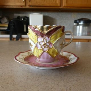 Antique Porcelain Demitasse Cup Saucer Hand Painted Guilded
