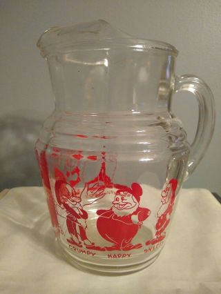 1938 Libbey Glass Snow White And The Seven Dwarfs Rare Glass Red Pitcher