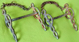 (2) Old Antique Vintage Iron Liverpool Horse Driving Bits With Curb Chain