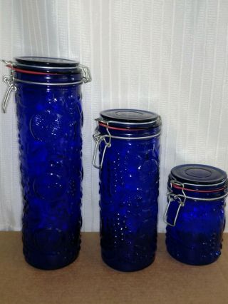 Set Of 3 Vintage Cobalt Blue Glass Canisters,  Fruit,  Wire Bail Lids Seals