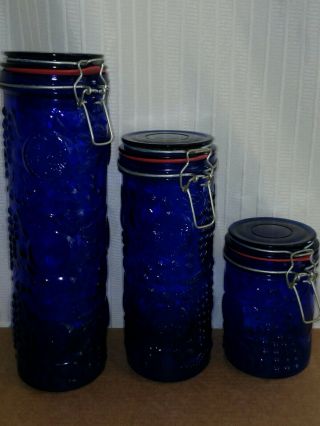 Set of 3 Vintage COBALT BLUE Glass Canisters,  Fruit,  Wire Bail Lids SEALS 2