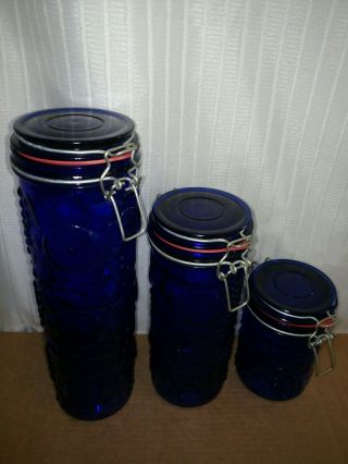 Set of 3 Vintage COBALT BLUE Glass Canisters,  Fruit,  Wire Bail Lids SEALS 3
