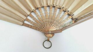LARGE ANTIQUE CHINESE SILK EMBROIDERY GOLD METAL STICKS WOODEN GUARDS FAN 19c AF 2