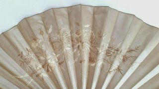 LARGE ANTIQUE CHINESE SILK EMBROIDERY GOLD METAL STICKS WOODEN GUARDS FAN 19c AF 3
