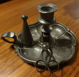 Antique Pewter Chamber Stick Candle Holder With Snuffer And Wick Cutter