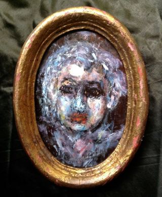 Strange Large Antique Portrait Miniature Oil On Wood Angel Child Expressionist