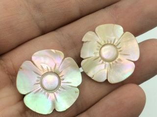 Rare Antique Victorian Mother Of Pearl Carved Flower Clip On Earrings