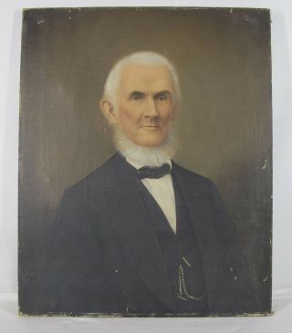Antique 19th C 1800 ' s Oil/Canvas Portrait Grandpa/Dad w/Watch Chain &Key Fob yqz 3