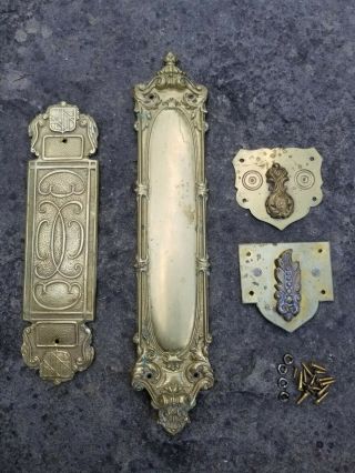 2 Antique Victorian Brass Push Plate & 2 Brass Door Key Hole Covers Escutcheon