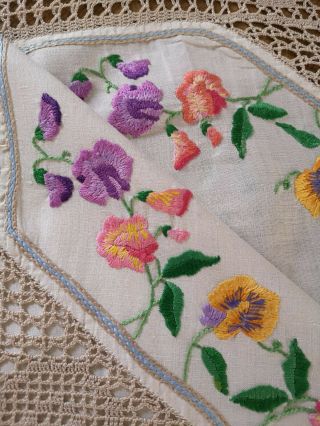 Vintage Hand embroidered linen and lace tablecloth Sweet peas.  Fairistytch? 2