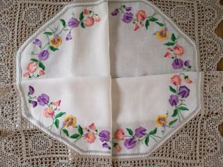 Vintage Hand embroidered linen and lace tablecloth Sweet peas.  Fairistytch? 3
