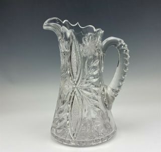 Antique American Brilliant Period Cut Crystal Art Glass Floral Pitcher Jug 007