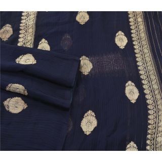 Sanskriti Vintage Blue Sarees Pure Silk Woven Brocade Craft Fabric Zari Sari