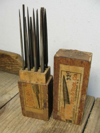Set Of 12 Antique American Swiss File & Tool Needle Files In Wood Box