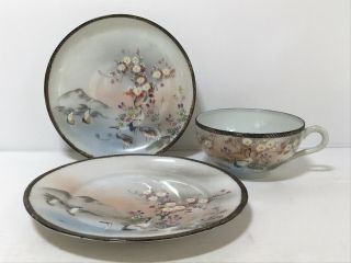 Antique Japanese Eggshell Porcelain Tea Cup Saucer Trio Plate Hand Painted Stork