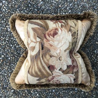 Vintage Floral Muted Beige Brown Aubusson Tapestry Pillow Silk With Fringe