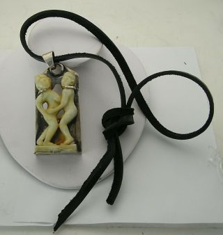 Rare Antique Chinese Fertility Erotic Couple Carved Jade & Sterling Necklace Lrg