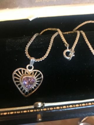Vintage Amethyst Glass Stone Heart Pendant Necklace Silver Plated