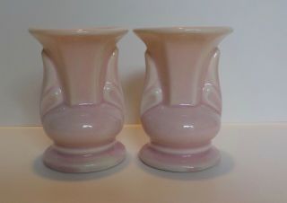 Rare Pair Shawnee Art Pottery Miniature Vases Pink Handled Minis Usa 1930 