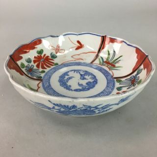Japanese Porcelain Bowl Vtg Floral Hand - Painted Wavy Red Green Blue Pt935