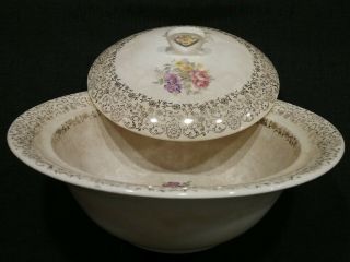 Antique French Saxon 22k Gold Lace Filigree Covered Veg Bowl Floral 1930 