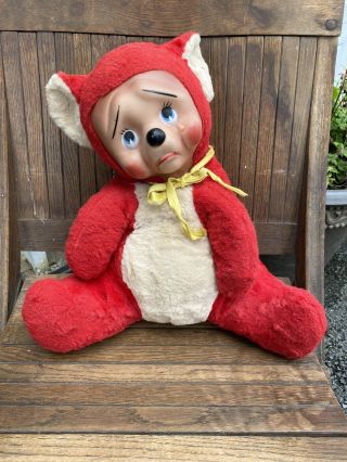 Vintage Red Rubber Face Plush Rushton Crying Teddy Bear 16” Very Rare