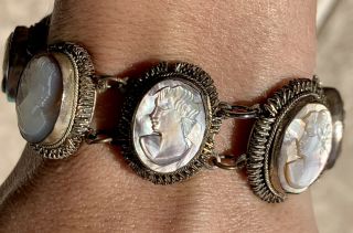 Vintage 800 Antique English Silver Cameo Mother Of A Pearl Bracelet