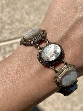 Vintage 800 Antique English Silver Cameo Mother Of A Pearl Bracelet 2