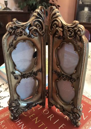 RARE TRI - FOLD PICTURE FRAME Vintage white With roses victorian ornate 3