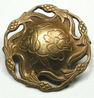 Antique Pierced Brass Button Art Nouveau Flower With Pineapple Border - 7/8 "
