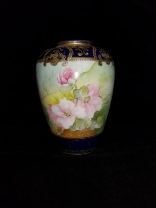 Antique Japanese Nippon Moriage Beaded Hand Painted Floral Vase With Gold