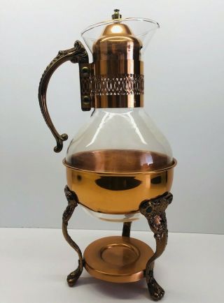 Vintage Corning Glass & Copper Coffee/Tea Carafe Pot With Warmer Stand 2