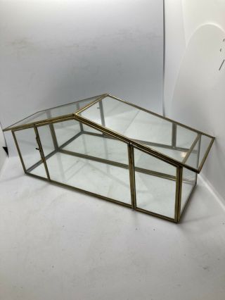 Vintage Brass And Glass Trinket Display Case Mirror Back House Shape 11 3/4 " Long