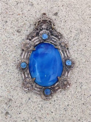 Antique Victorian Silvertone With Large Blue Cabochon & Rhinestones Pendant