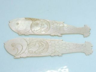 Victorian X 2 Chinese Mother Of Pearl Fish Gaming Counter Token Doves Love Birds