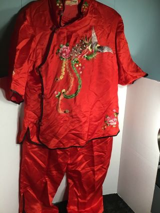 Antique Chinese Red Silk Embroidered Jacket Robe / Pants Chinese Style Sz M