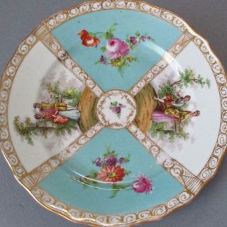 Antique Dresden Quatrefoil Porcelain Hp Plate Watteau Scenery,  Flowers Klemm