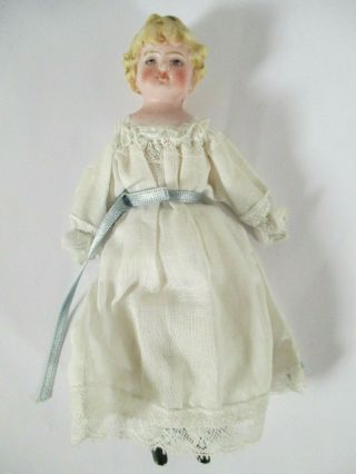 Antique German Bisque Girl Doll With Dress 6 1/4 Inches Tall