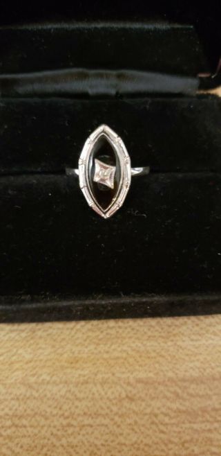 Antique Art Deco Sterling Silver Onyx & Diamond Mourning Ring Size 7