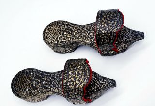 Antique Ottoman Turkish Wood & Silver Filigree Shoes 